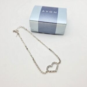 New! Vtg Signed H Open Heart Anklet Crystal‎ Studded Silver Plate 10" In Box